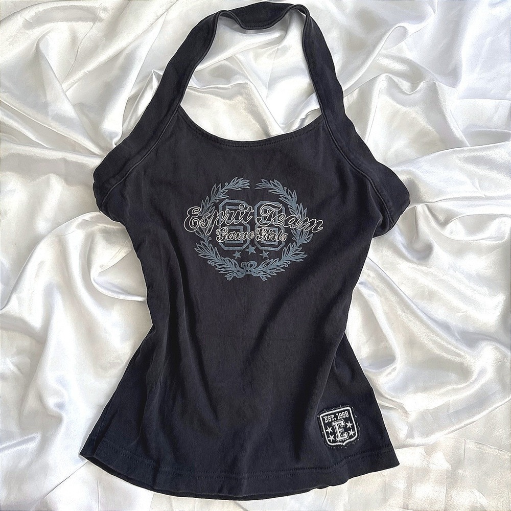Esprit Team Game Girls Halter Top Black Graphic Y2K Vintage Style Small